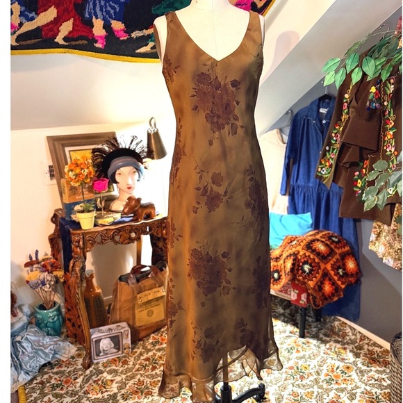 Positive Attitude Dresses & Skirts - Vintage Y2K Gold Brown Floral Midi Dress Sheer Trim V Neck Whimsygoth Size 10